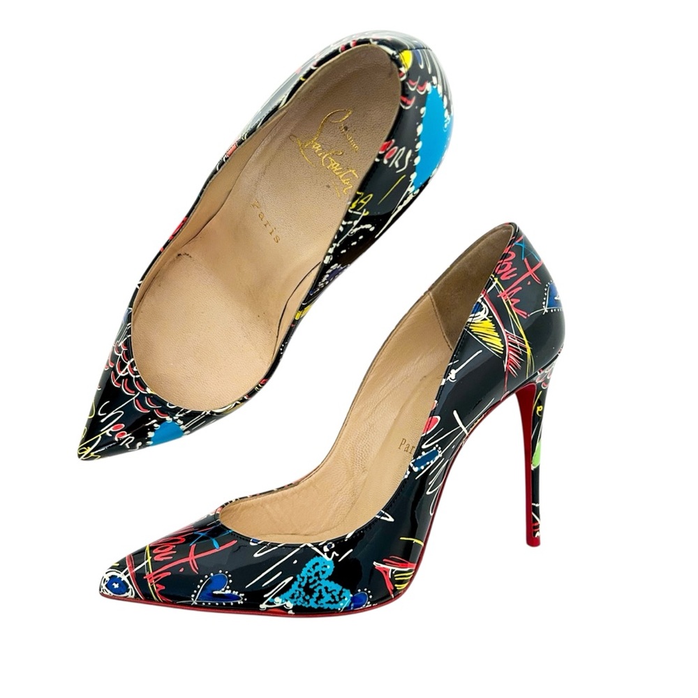 Christian Louboutin Black Patent Graffiti Print Pointed-Toe Pumps
